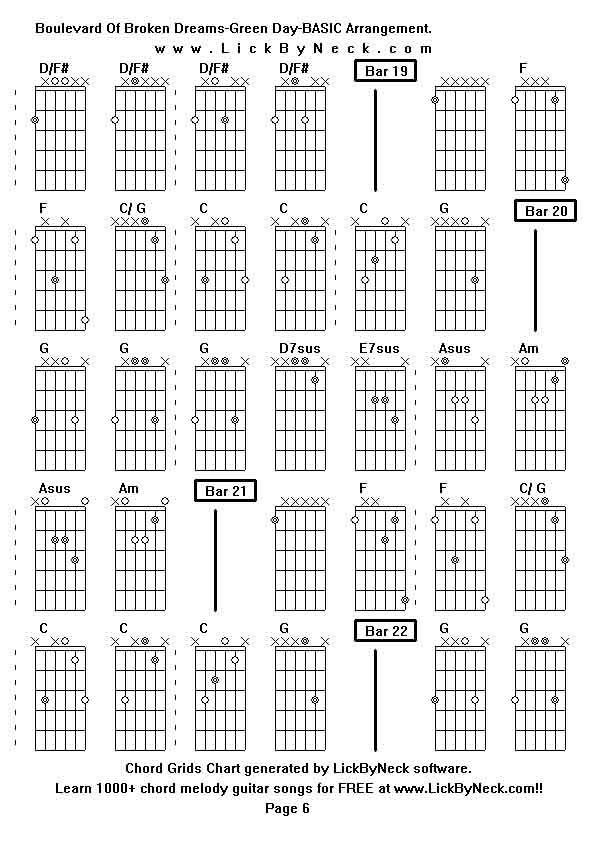 Chord Grids Chart of chord melody fingerstyle guitar song-Boulevard Of Broken Dreams-Green Day-BASIC Arrangement,generated by LickByNeck software.